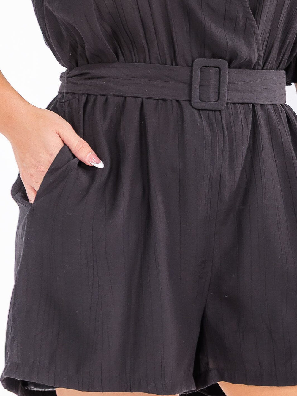 PLUS SIZE SHORT SLEEVE SURPLICE POCKETS BELTED ROMPER