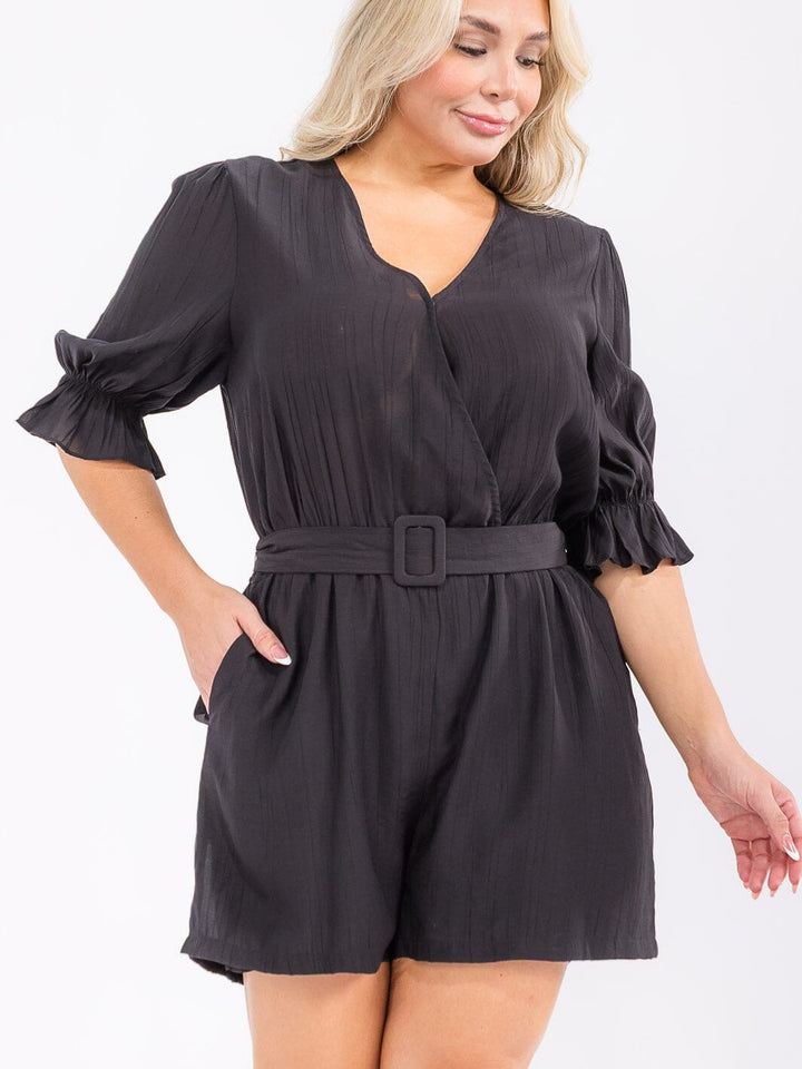 PLUS SIZE SHORT SLEEVE SURPLICE POCKETS BELTED ROMPER