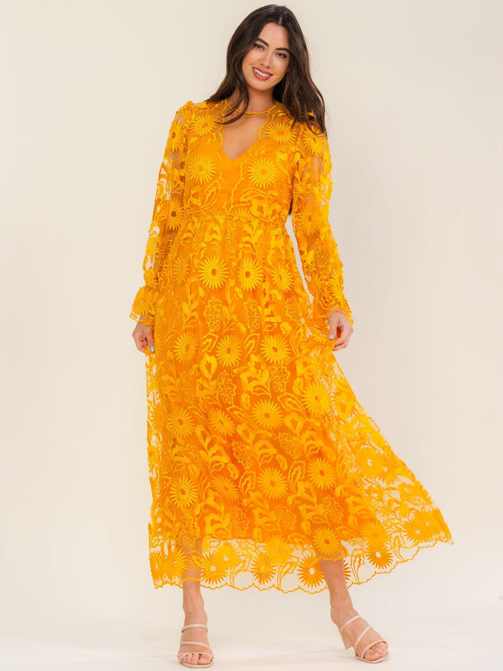 BEULAH WOMEN'S LONG SLEEVE V-NECK FLORAL EMBROIDERY MAXI DRESS