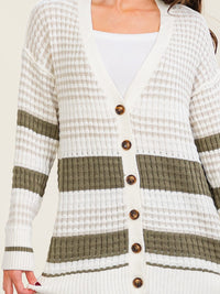WOMEN'S LONG SLEEVE BUTTON UP COLORBLOCK STRIPES KNIT CARDIGAN