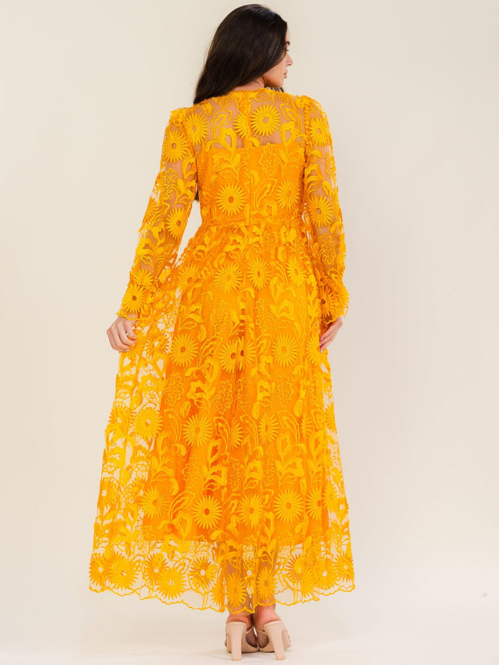 BEULAH WOMEN'S LONG SLEEVE V-NECK FLORAL EMBROIDERY MAXI DRESS