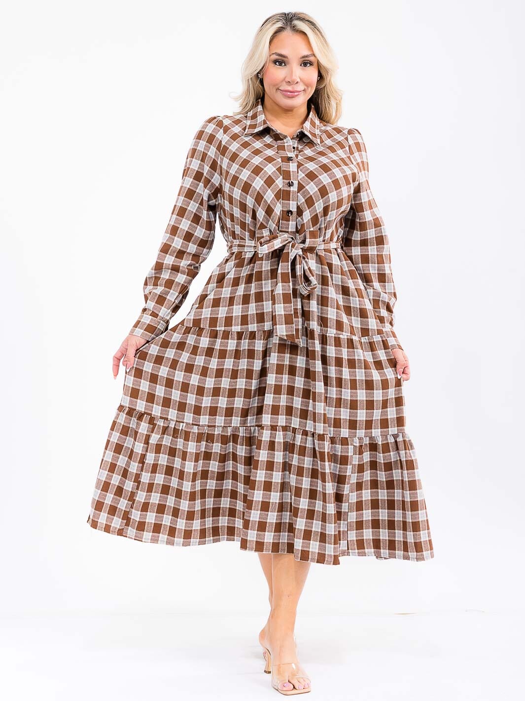 PLUS SIZE LONG SLEEVE BUTTON BUTTON SELF TIE POCKETS TIERED PLAID MAXI DRESS
