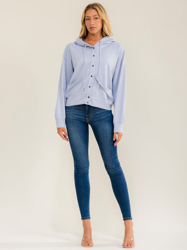WOMEN'S LONG SLEEVE BUTTON UP FRONT POCKETS HOODED SWEATER