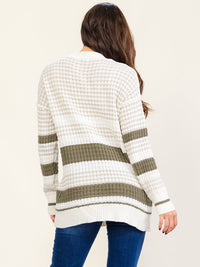 WOMEN'S LONG SLEEVE BUTTON UP COLORBLOCK STRIPES KNIT CARDIGAN