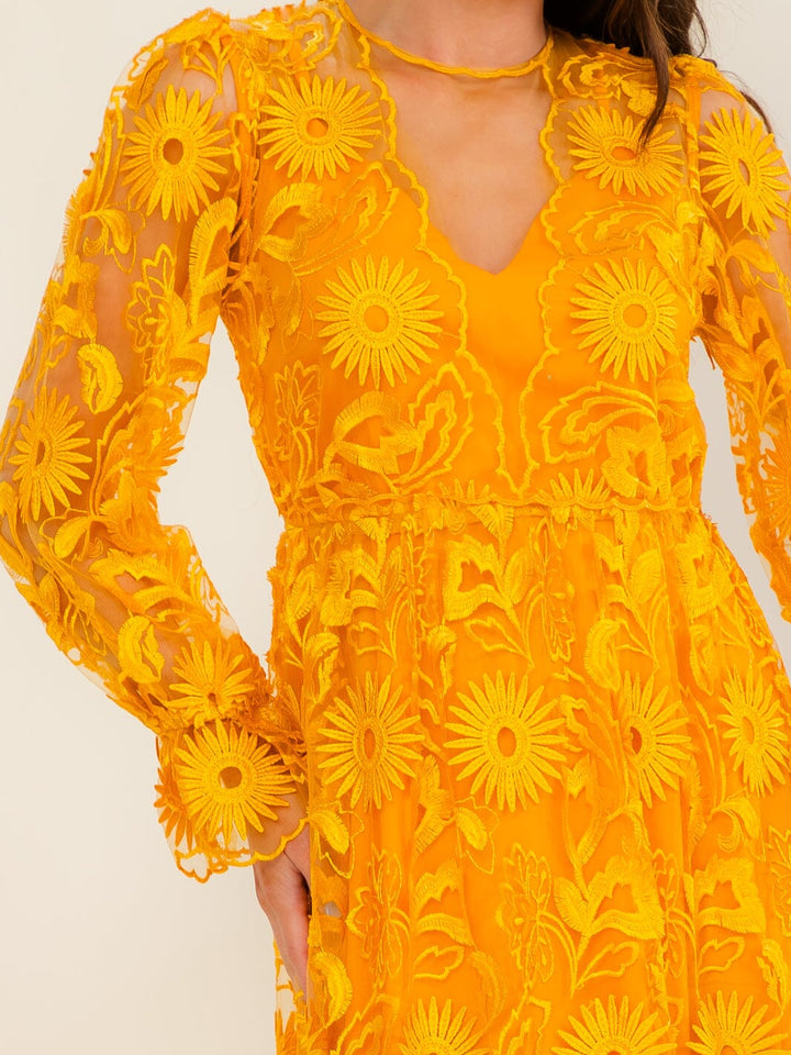 BEULAH WOMEN'S LONG SLEEVE V-NECK FLORAL EMBROIDERY MAXI DRESS