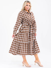 PLUS SIZE LONG SLEEVE BUTTON BUTTON SELF TIE POCKETS TIERED PLAID MAXI DRESS
