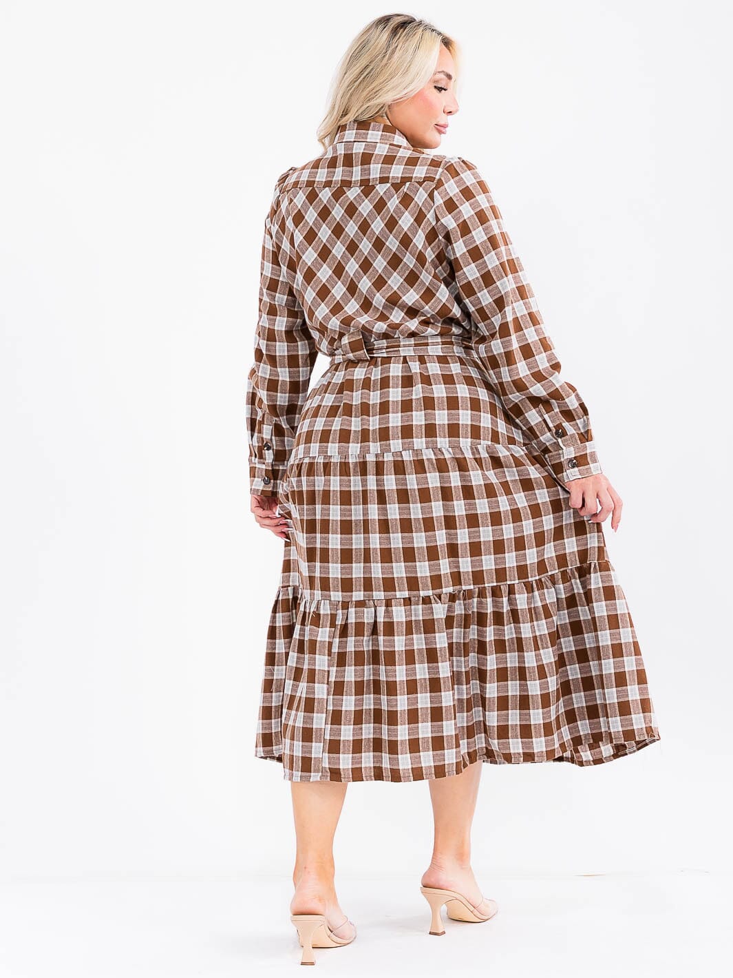 PLUS SIZE LONG SLEEVE BUTTON BUTTON SELF TIE POCKETS TIERED PLAID MAXI DRESS