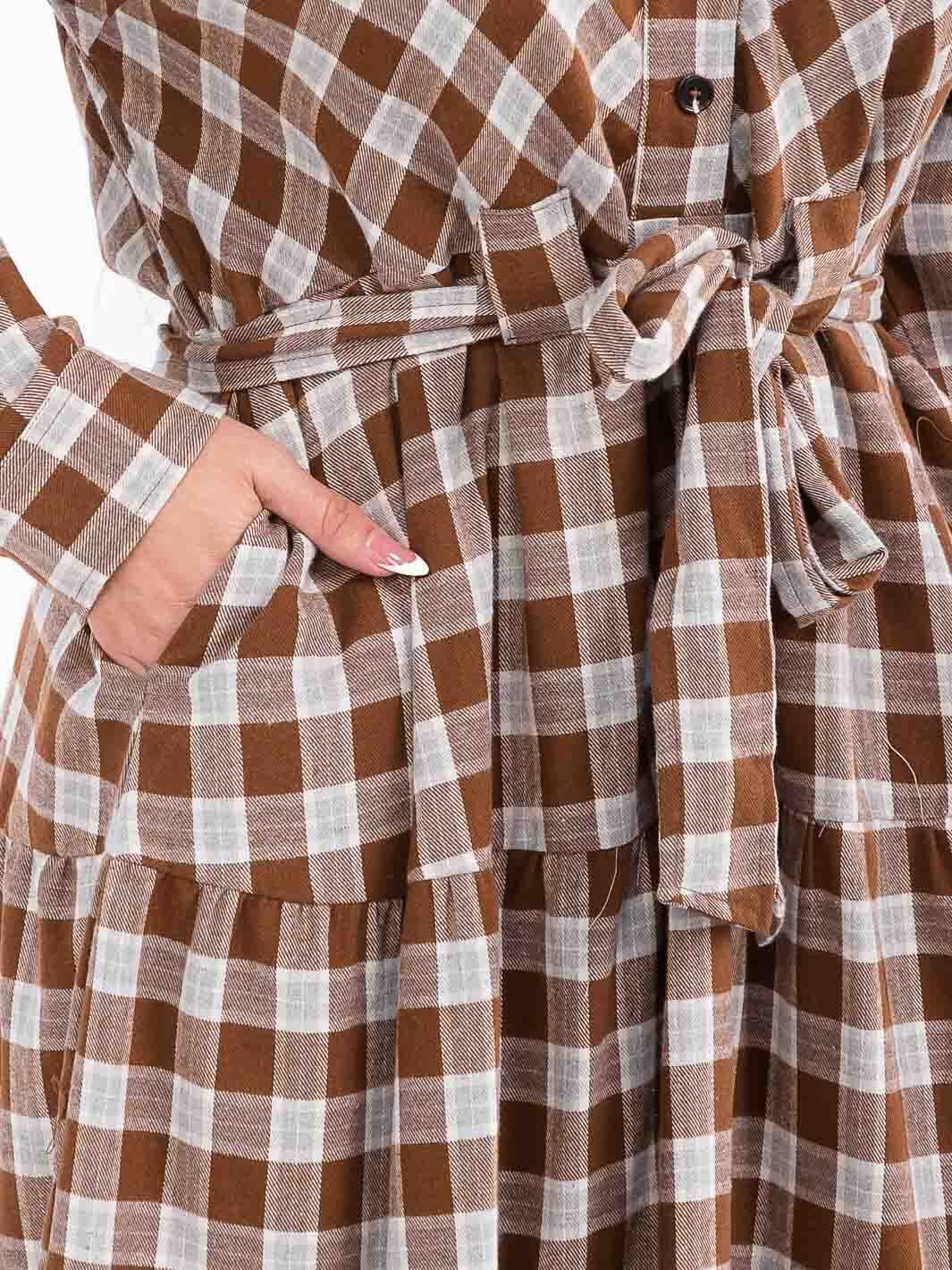 PLUS SIZE LONG SLEEVE BUTTON BUTTON SELF TIE POCKETS TIERED PLAID MAXI DRESS