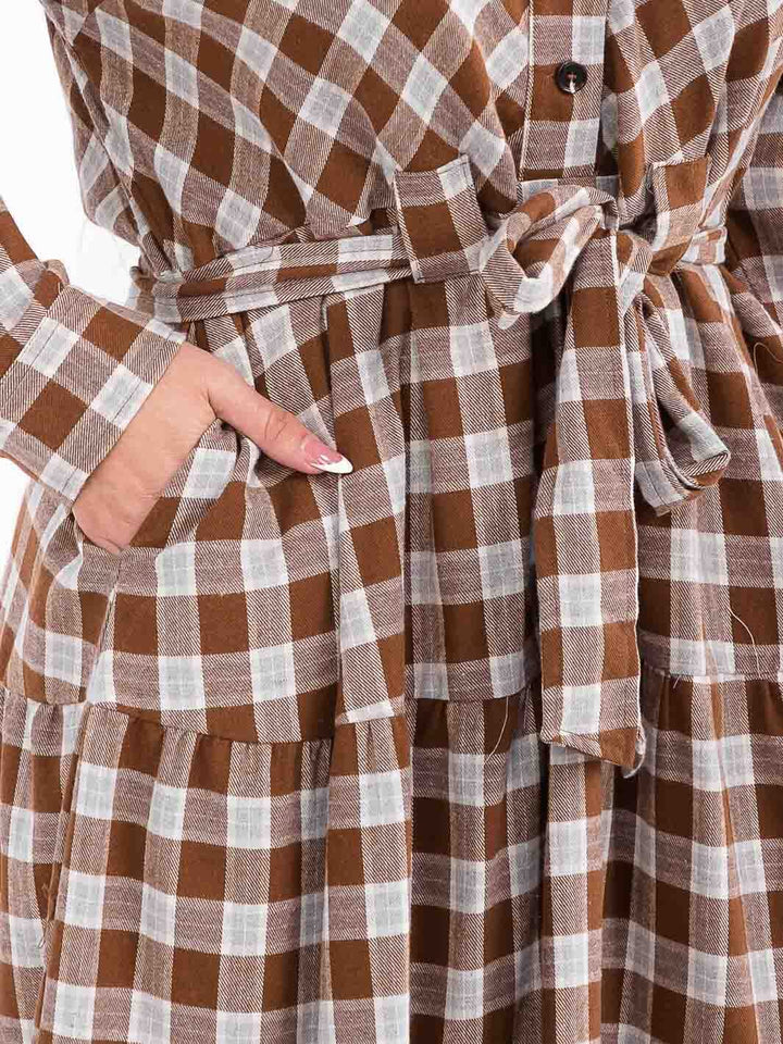 PLUS SIZE LONG SLEEVE BUTTON BUTTON SELF TIE POCKETS TIERED PLAID MAXI DRESS