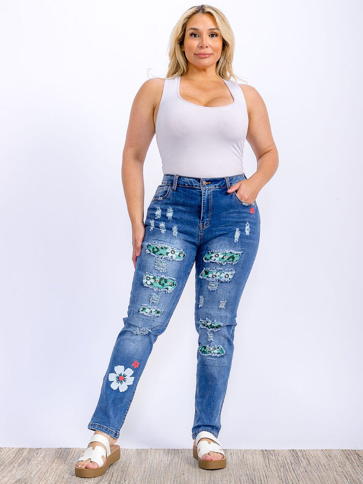 PLUS SIZE BUTTON CLOSURE DISTRESS DENIM PANTS