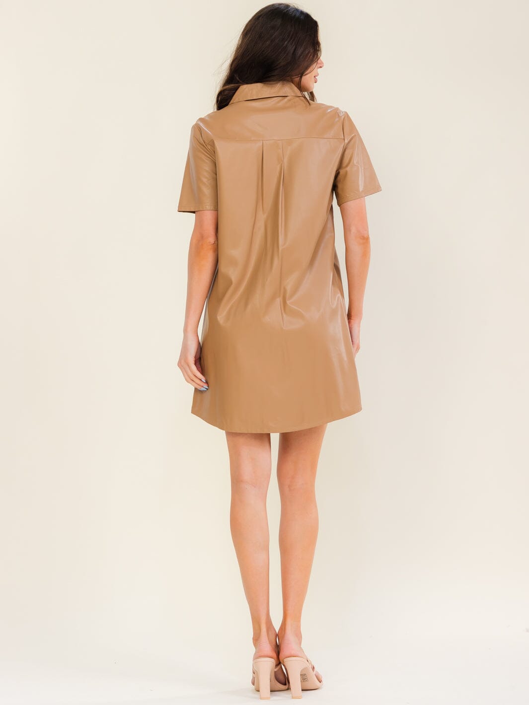 ENTRO WOMEN'S SHORT SLEEVE BUTTON UP PU PLEATHER TUNIC MINI DRESS