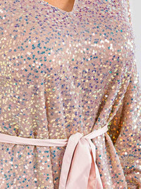 PLUS SIZE LONG SLEEVE V-NECK SELF TIE SEQUINS ROMPER