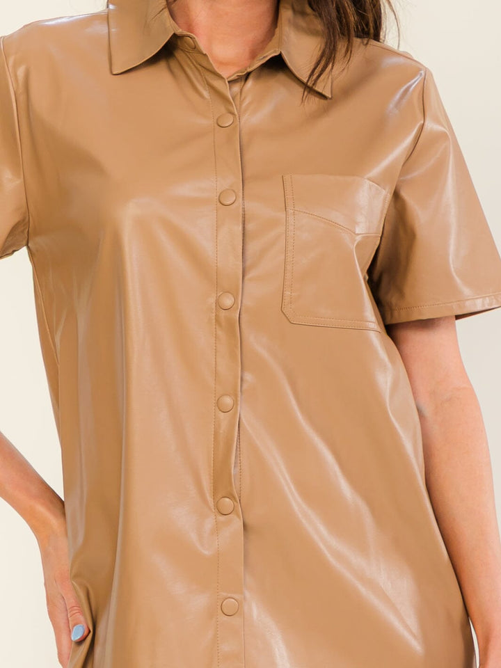 ENTRO WOMEN'S SHORT SLEEVE BUTTON UP PU PLEATHER TUNIC MINI DRESS