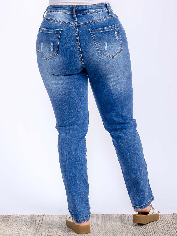 PLUS SIZE BUTTON CLOSURE DISTRESS DENIM PANTS