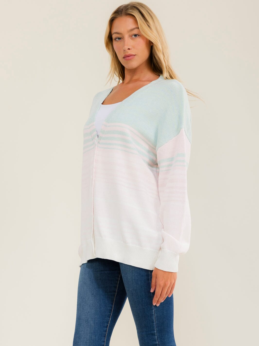 WOMEN'S LONG SLEEVE V-NECK BUTTON UP COLORBLOCK STRIPES SWEATER