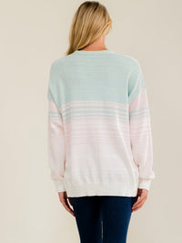 WOMEN'S LONG SLEEVE V-NECK BUTTON UP COLORBLOCK STRIPES SWEATER