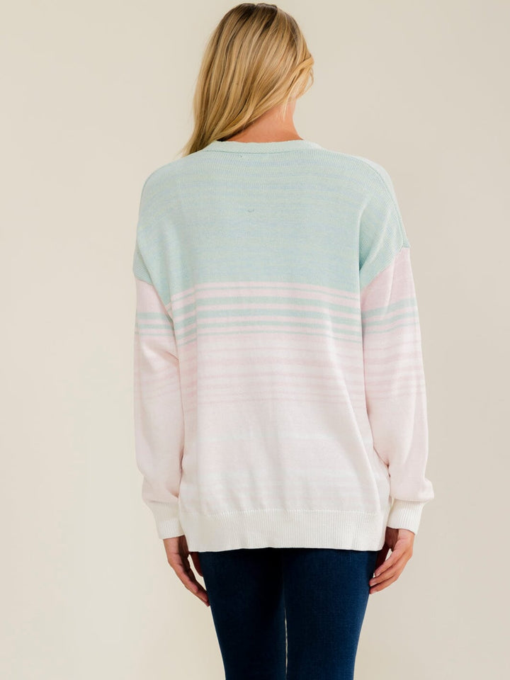 WOMEN'S LONG SLEEVE V-NECK BUTTON UP COLORBLOCK STRIPES SWEATER