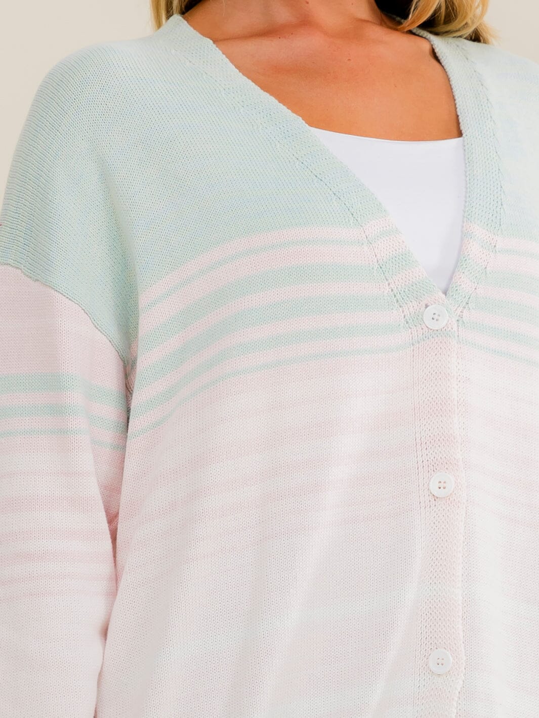 WOMEN'S LONG SLEEVE V-NECK BUTTON UP COLORBLOCK STRIPES SWEATER