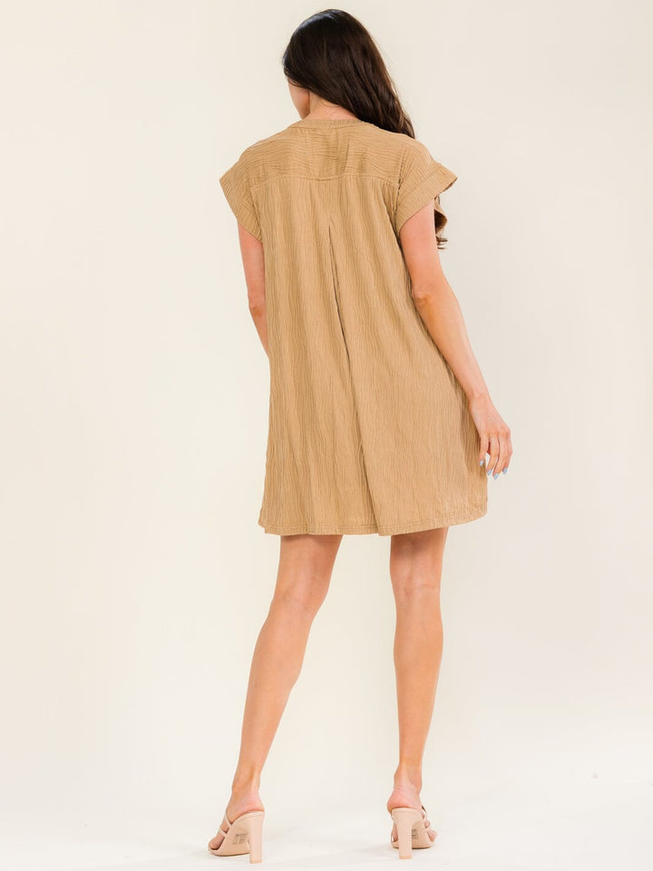 ENTRO WOMEN'S SHORT SLEEVE V-NECK FRONT POCKETS TUNIC MINI DRESS