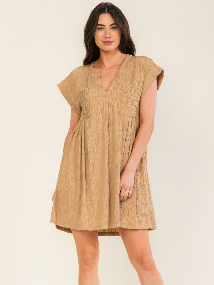 ENTRO WOMEN'S SHORT SLEEVE V-NECK FRONT POCKETS TUNIC MINI DRESS