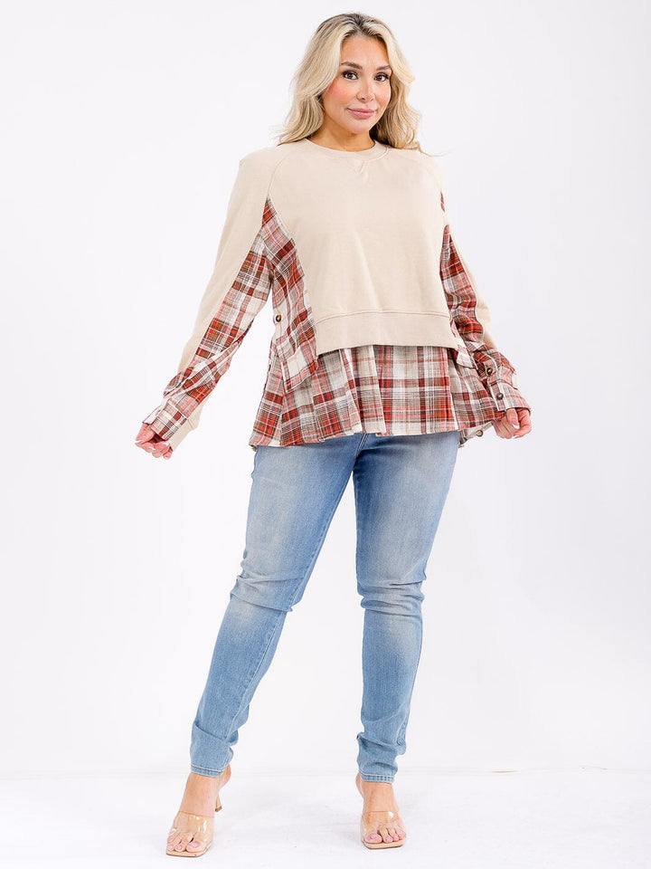 PLUS SIZE LONG SLEEVE CONTRAST PLAID PEPLUM TOP