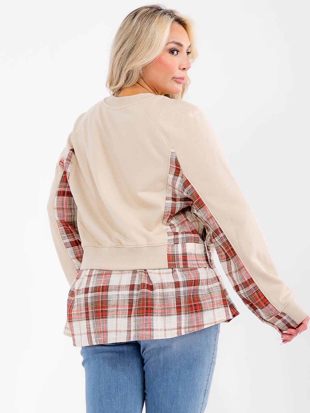 PLUS SIZE LONG SLEEVE CONTRAST PLAID PEPLUM TOP