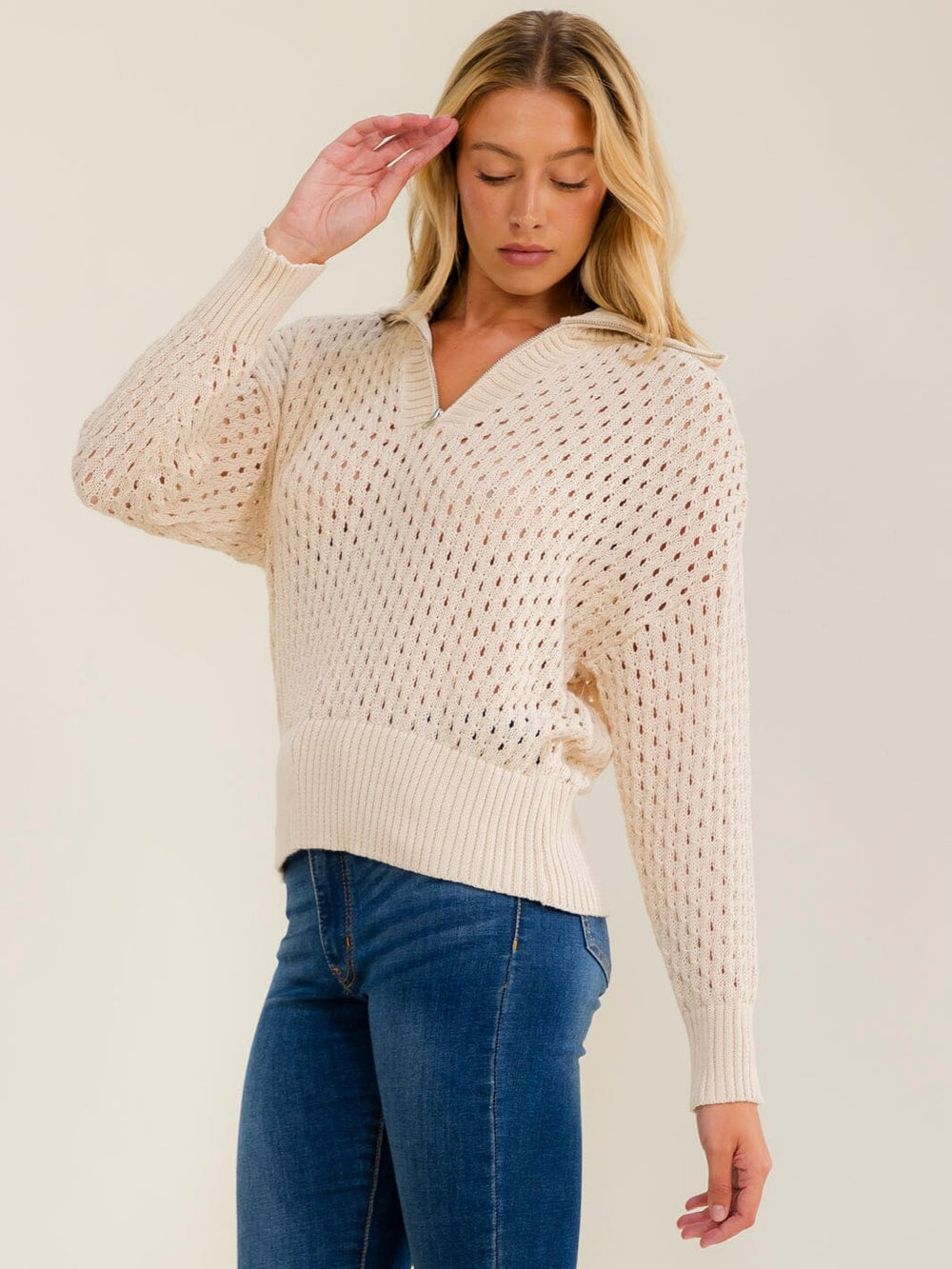 WOMEN'S LONG SLEEVE ZIP UP CROCHET PULLOVER SWEATER