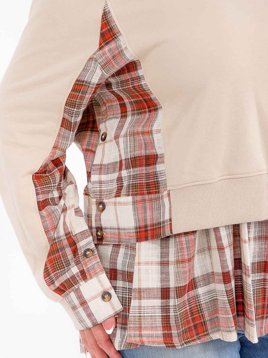 PLUS SIZE LONG SLEEVE CONTRAST PLAID PEPLUM TOP