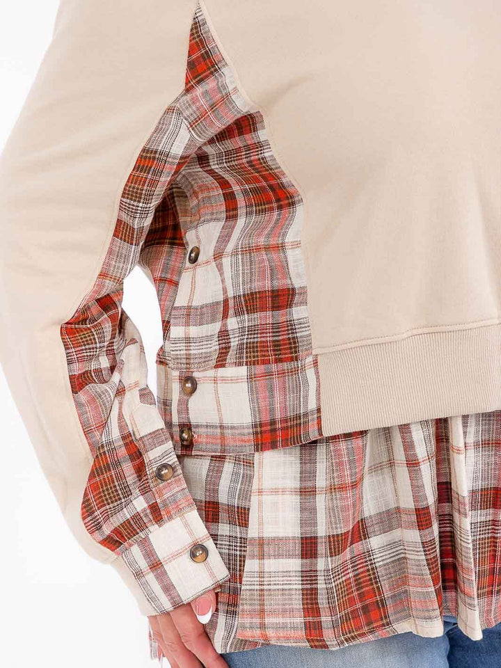 PLUS SIZE LONG SLEEVE CONTRAST PLAID PEPLUM TOP