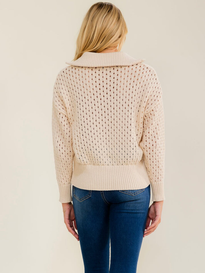 WOMEN'S LONG SLEEVE ZIP UP CROCHET PULLOVER SWEATER