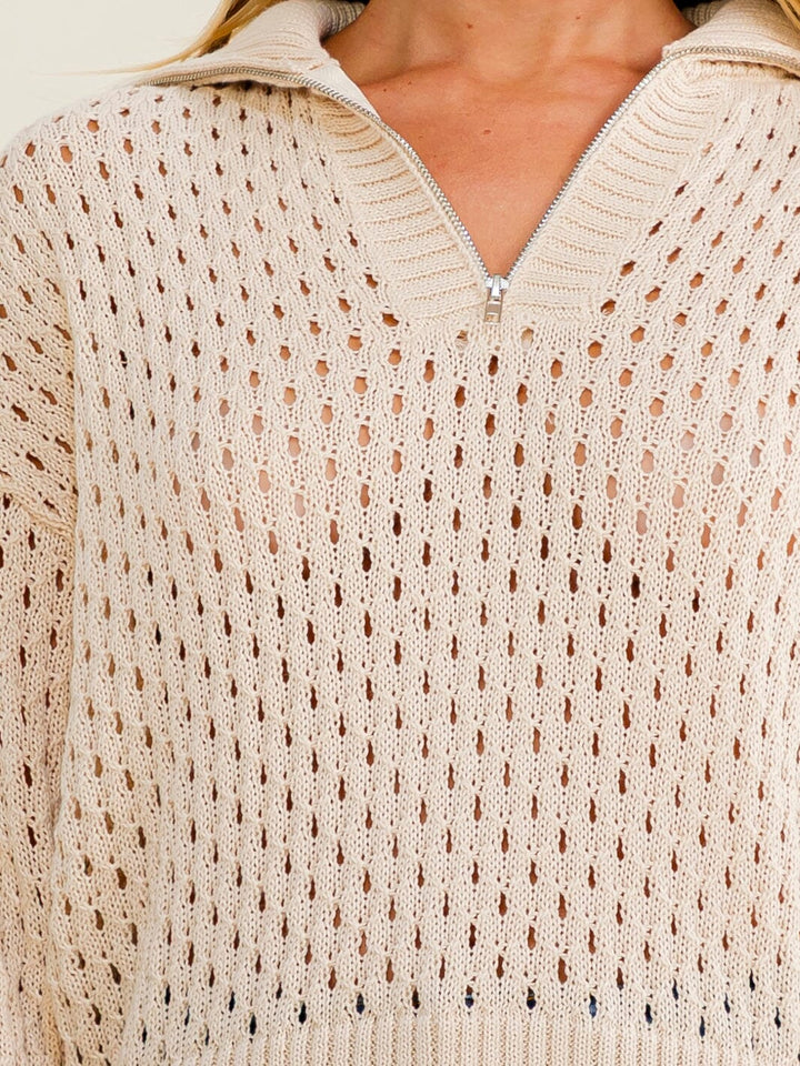 WOMEN'S LONG SLEEVE ZIP UP CROCHET PULLOVER SWEATER