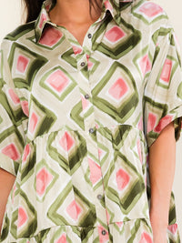 ENTRO WOMEN'S SHORT SLEEVE BUTTON UP MULTI PRINT TUNIC MINI DRESS