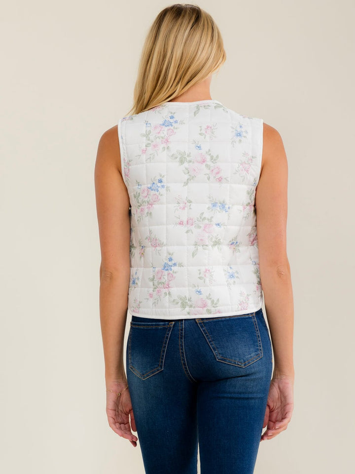 WOMEN'S SLEEVELESS FRONT TIE POCKETS FLORAL PADDED VEST