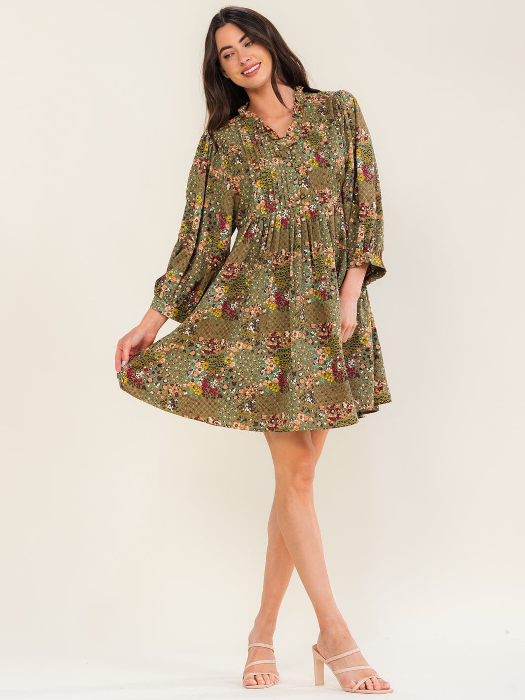 ENTRO WOMEN'S LONG SLEEVE BUTTON UP POCKETS FLORAL PRINT MINI DRESS