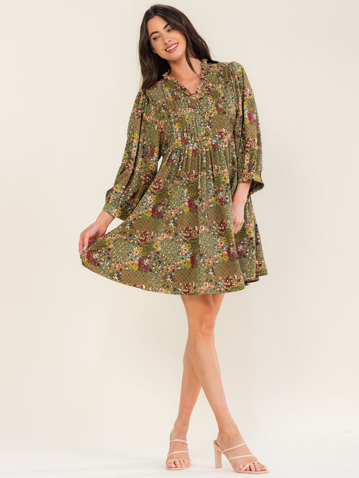 ENTRO WOMEN'S LONG SLEEVE BUTTON UP POCKETS FLORAL PRINT MINI DRESS