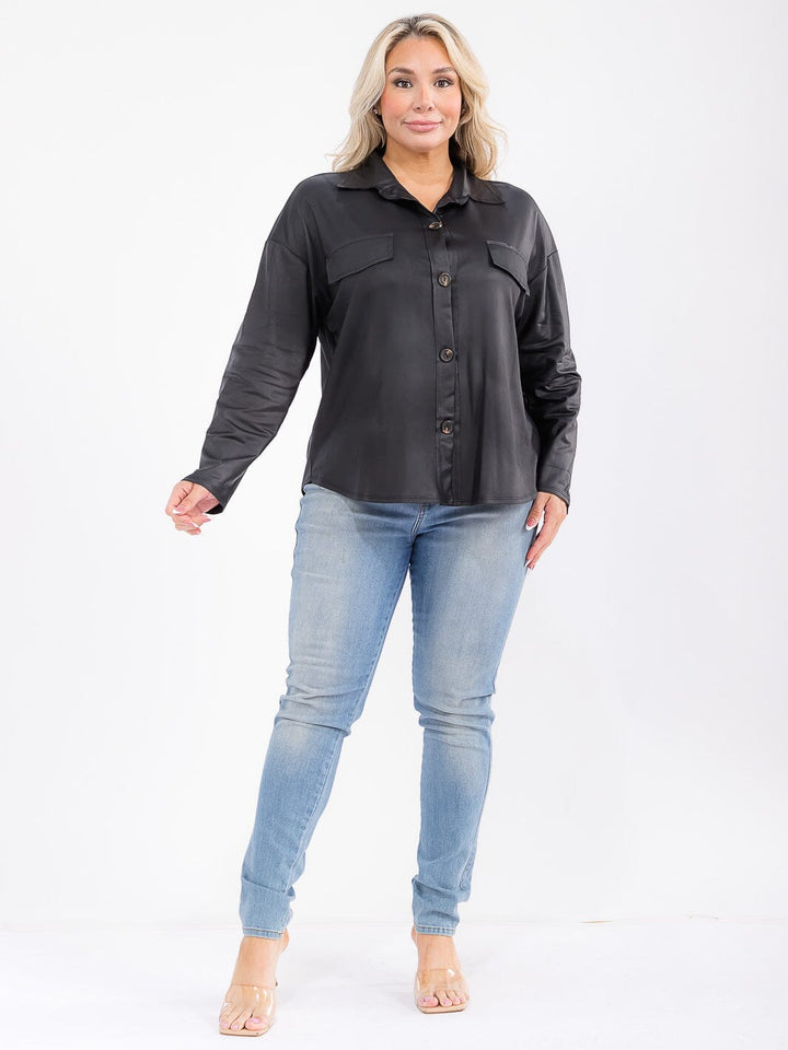 PLUS SIZE LONG SLEEVE BUTTON UP PU PLEATHER TOP