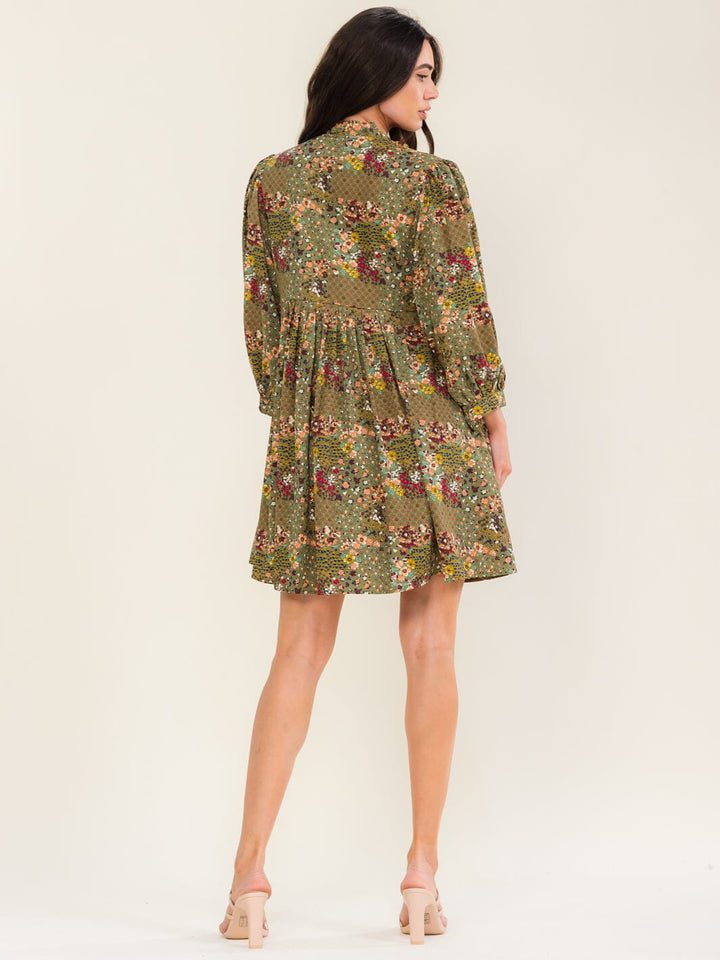 ENTRO WOMEN'S LONG SLEEVE BUTTON UP POCKETS FLORAL PRINT MINI DRESS
