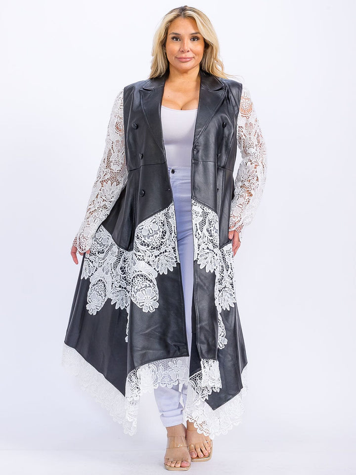 PLUS SIZE LONG SLEEVE BELTED PU PLEATHER LACE DRESS COAT