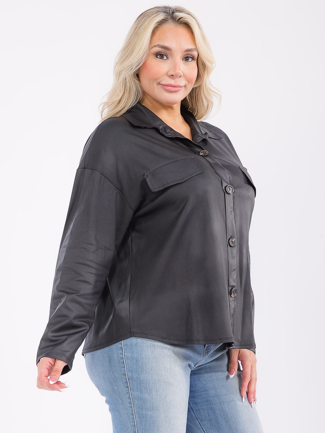 PLUS SIZE LONG SLEEVE BUTTON UP PU PLEATHER TOP