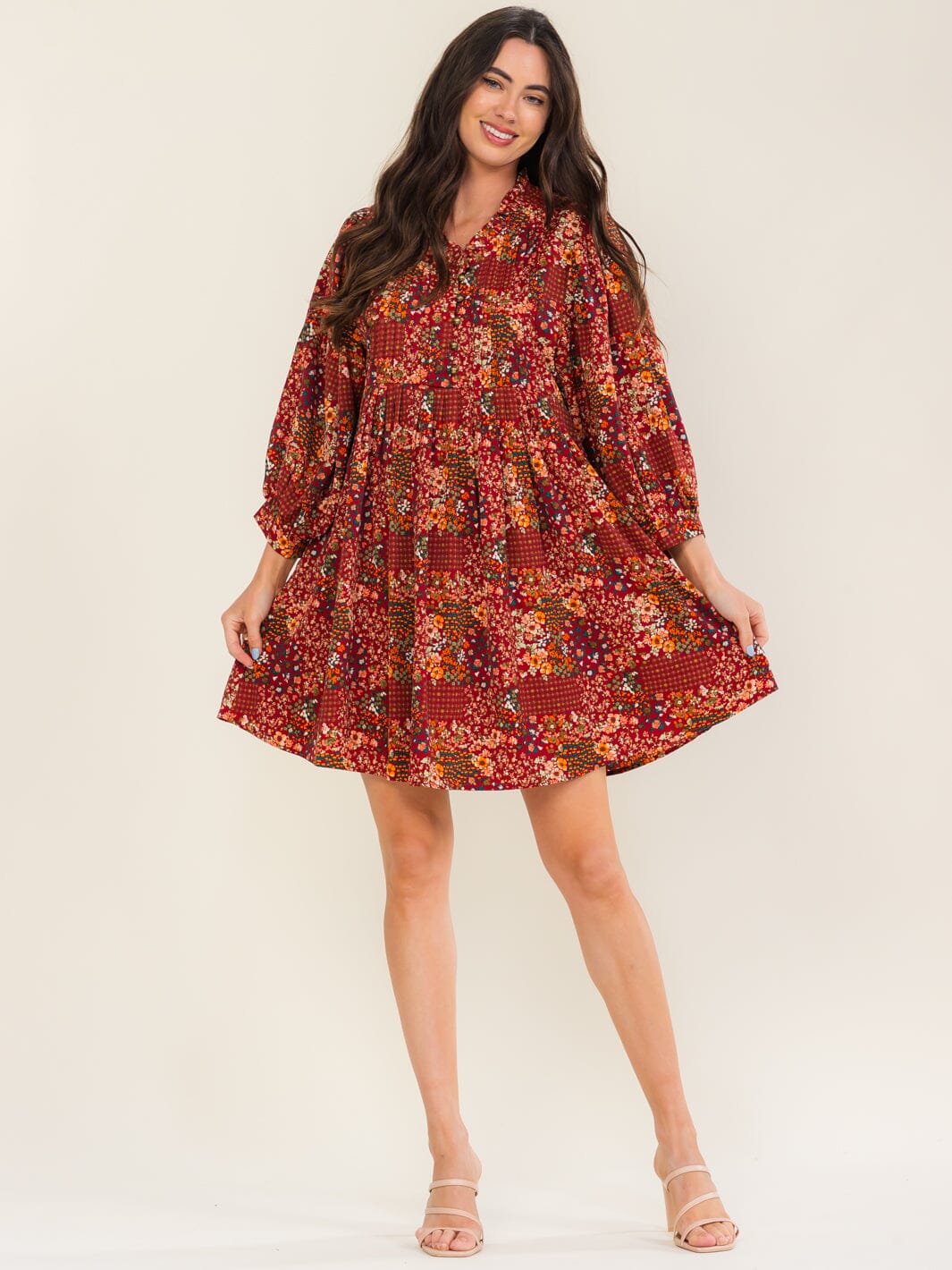 ENTRO WOMEN'S LONG SLEEVE BUTTON UP POCKETS FLORAL PRINT MINI DRESS