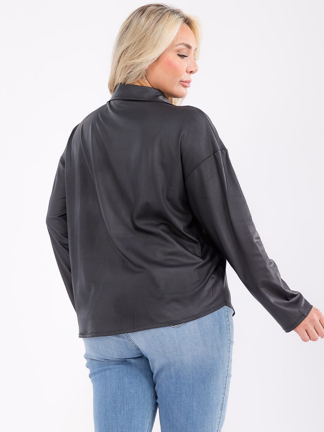 PLUS SIZE LONG SLEEVE BUTTON UP PU PLEATHER TOP