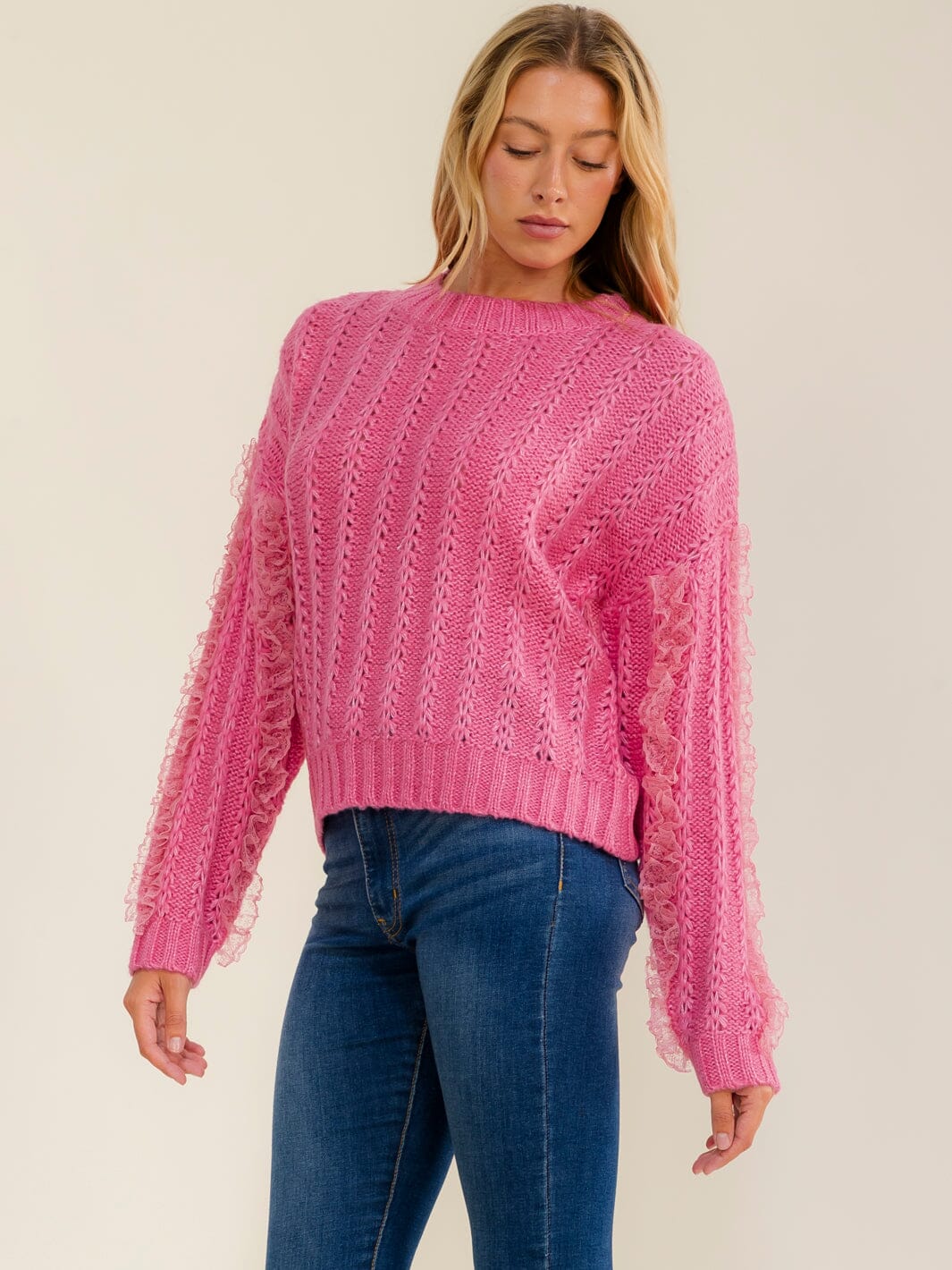 WOMEN'S LONG SLEEVE LACE TRIM KNIT PULLOVER SWEATER