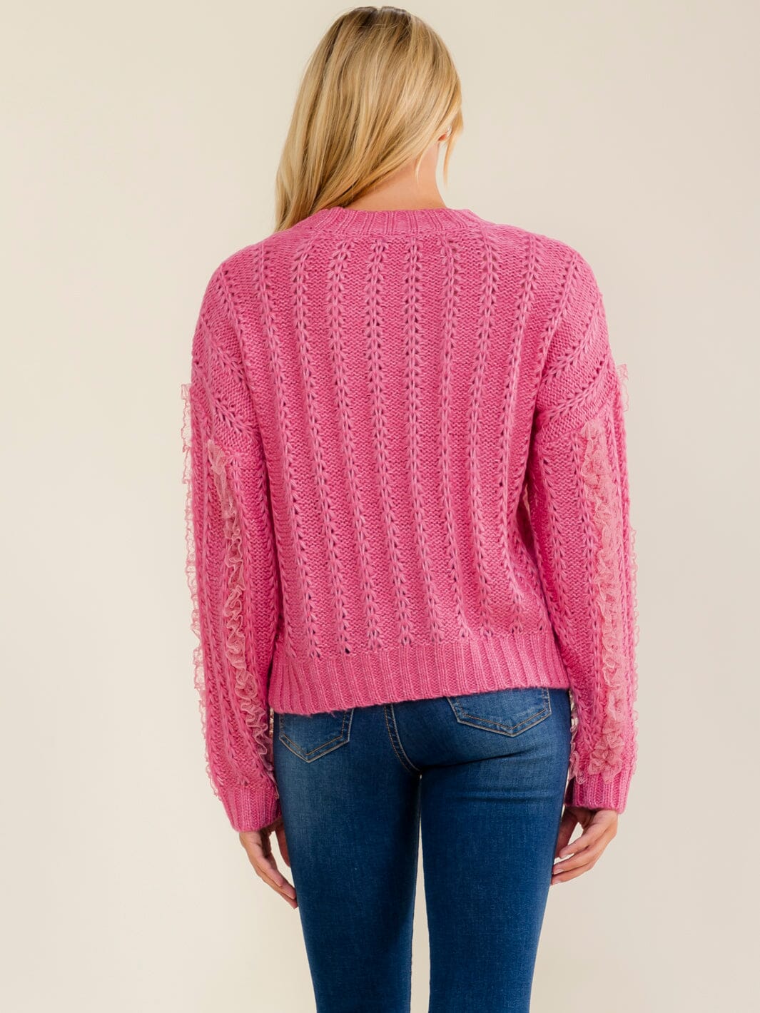 WOMEN'S LONG SLEEVE LACE TRIM KNIT PULLOVER SWEATER