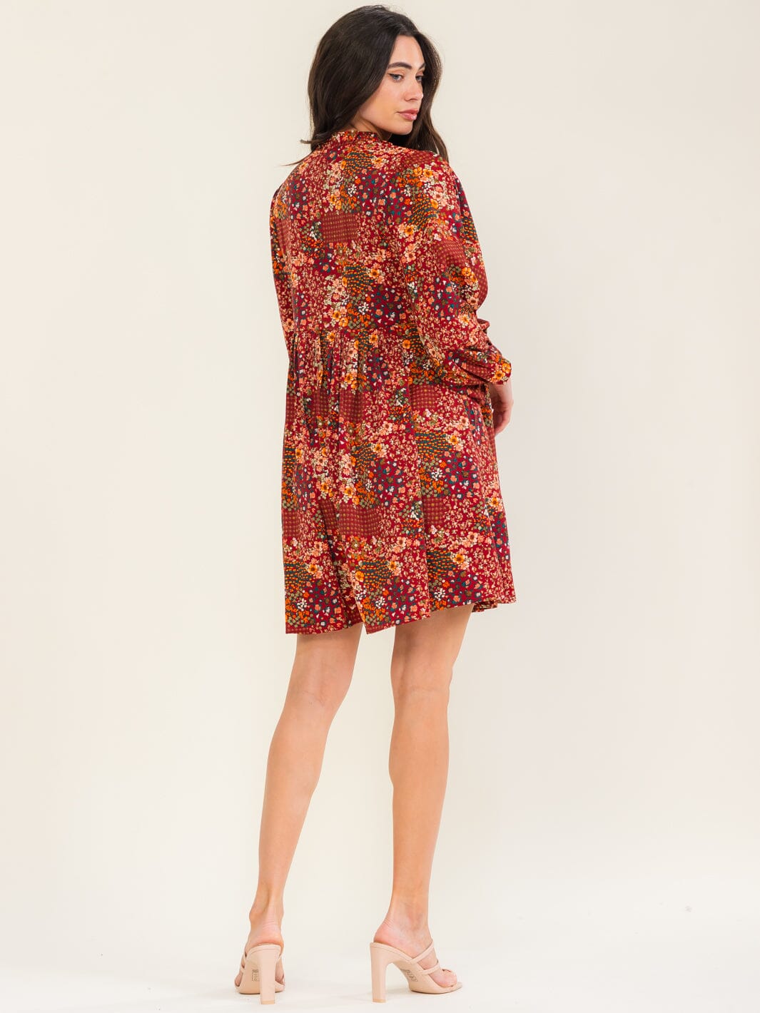 ENTRO WOMEN'S LONG SLEEVE BUTTON UP POCKETS FLORAL PRINT MINI DRESS