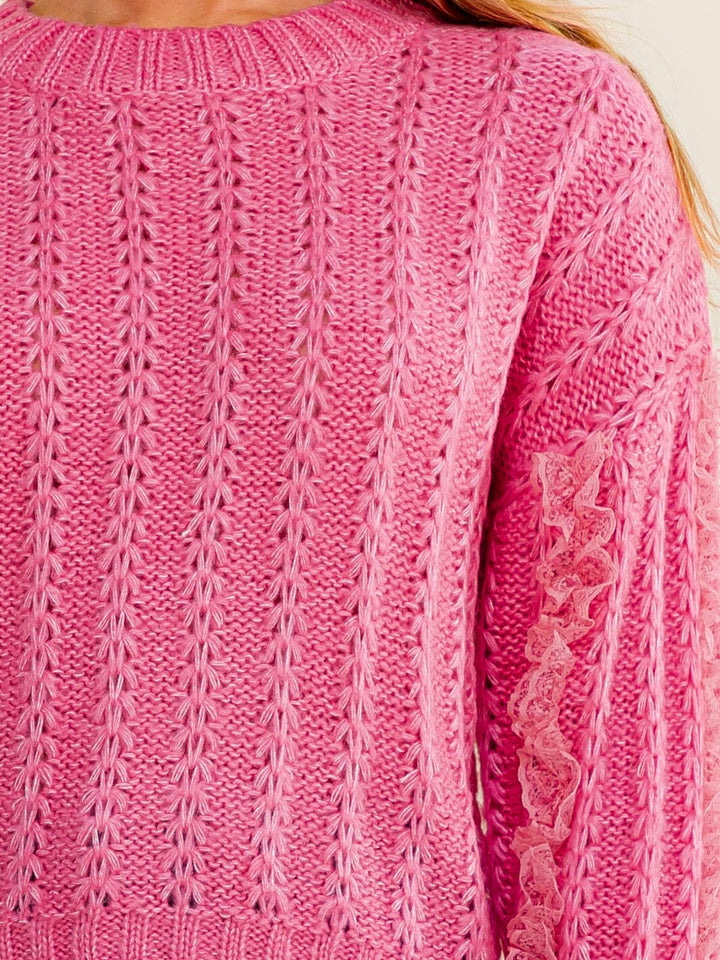 WOMEN'S LONG SLEEVE LACE TRIM KNIT PULLOVER SWEATER