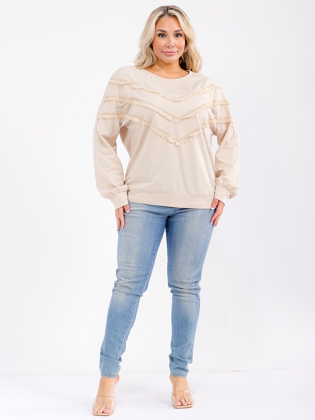 PLUS SIZE LONG SLEEVE FRINGE DETAILED TOP