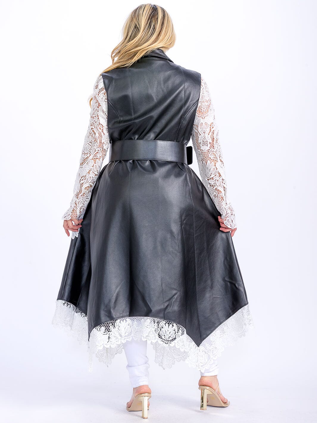 PLUS SIZE LONG SLEEVE BELTED PU PLEATHER LACE DRESS COAT