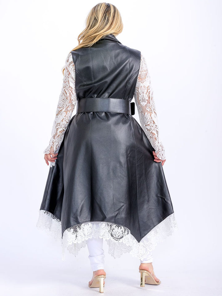 PLUS SIZE LONG SLEEVE BELTED PU PLEATHER LACE DRESS COAT