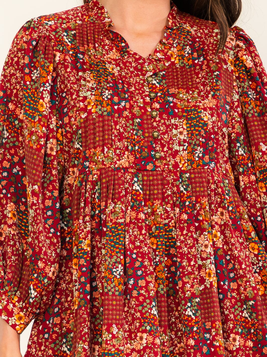 ENTRO WOMEN'S LONG SLEEVE BUTTON UP POCKETS FLORAL PRINT MINI DRESS