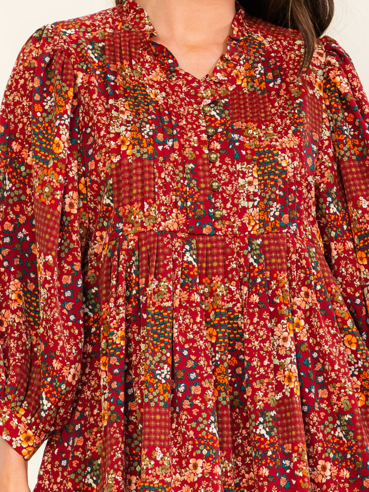 ENTRO WOMEN'S LONG SLEEVE BUTTON UP POCKETS FLORAL PRINT MINI DRESS